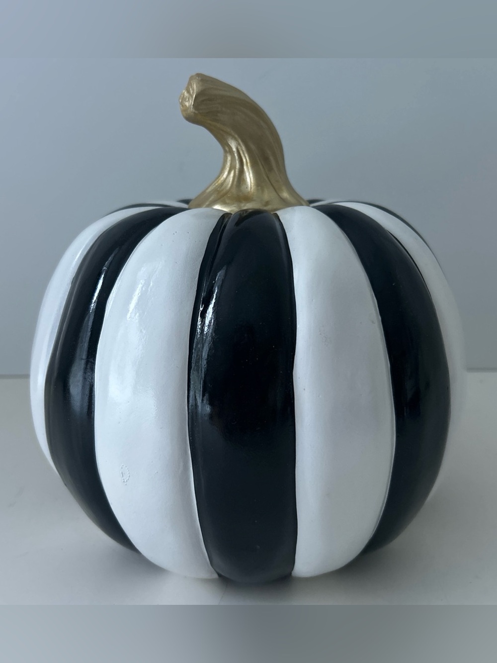 Becki Owen Striped Decorative Pumpkin Black & White with Gold Stem 8.5” NEW